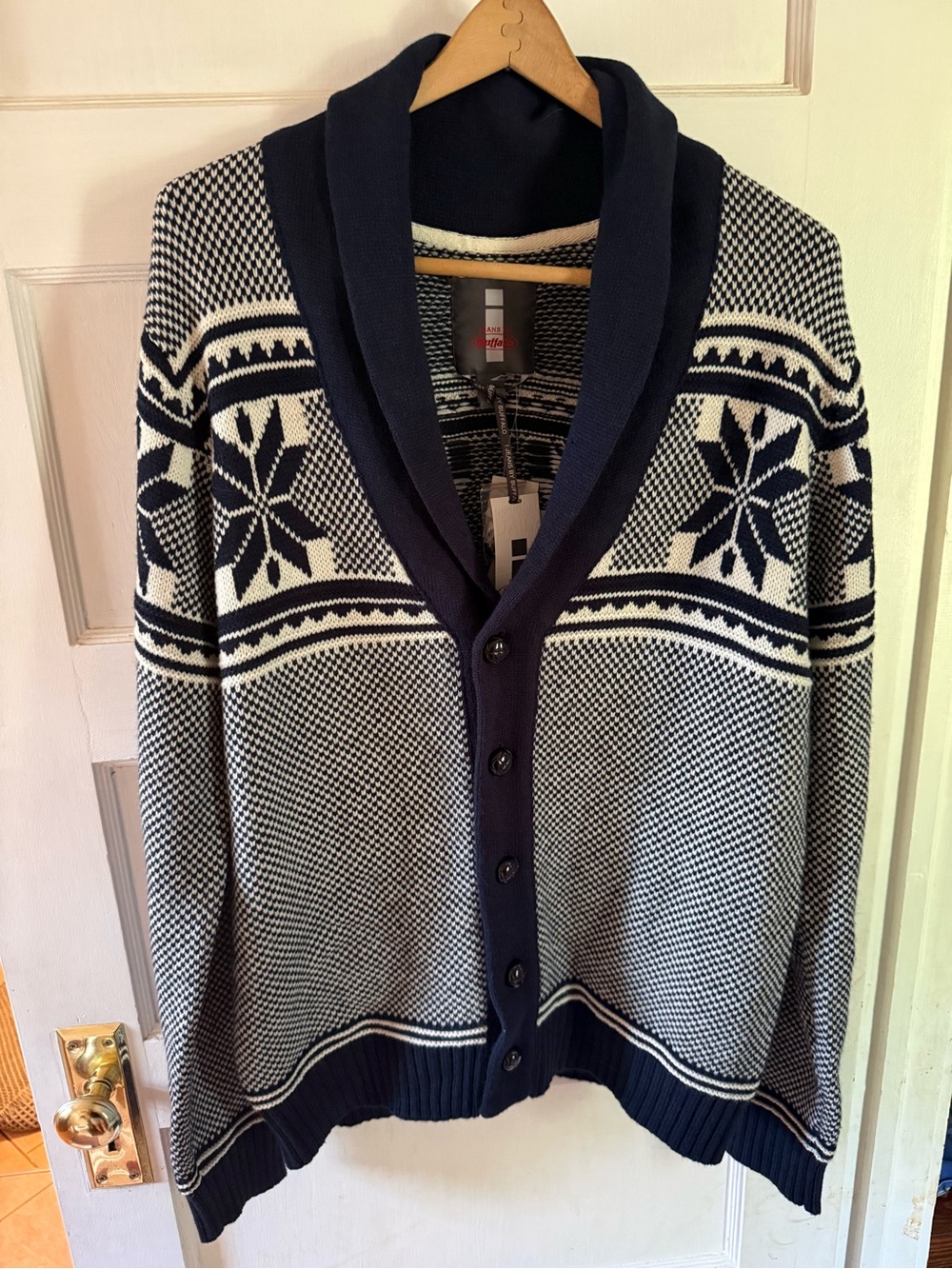 Buffalo David Bitton Navy and White Shawl Collar Nordic Cardigan